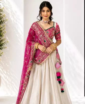 Cotton Navratri Wear Heavy Embroidered Lehenga Choli and Dupatta Set
