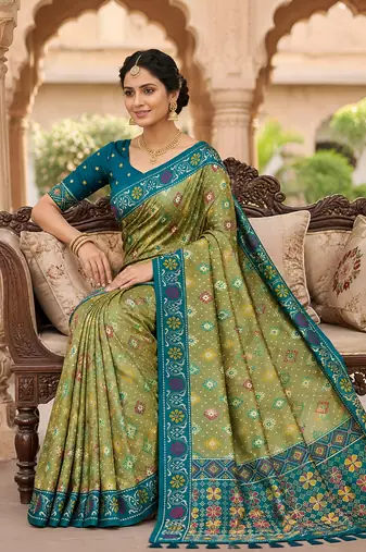 Green patola silk saree with zari weaving meenakari patola design