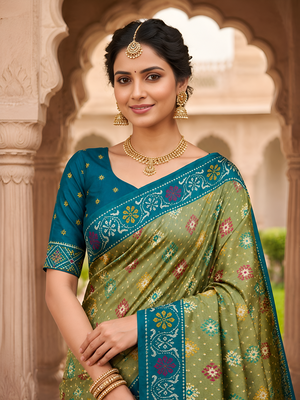 Green patola silk saree with zari weaving meenakari patola design 5