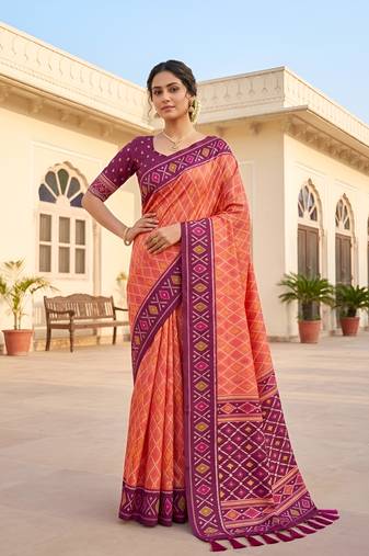 Peach patola silk saree with zari weaving meenakari patola design