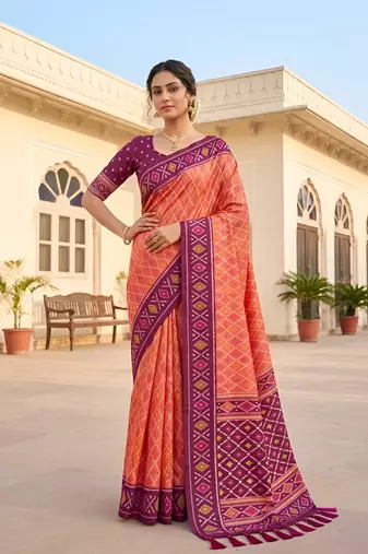 Peach patola silk saree with zari weaving meenakari patola design