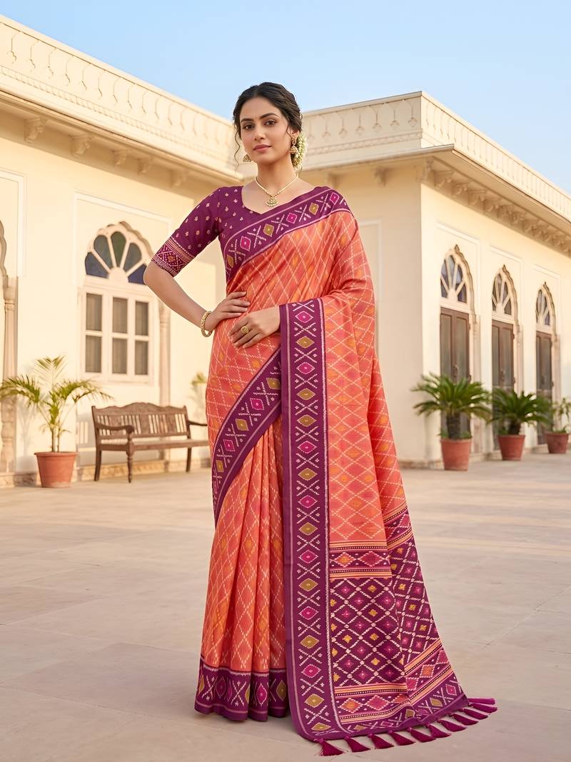 Peach patola silk saree with zari weaving meenakari patola design