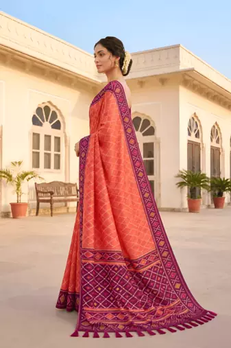 Peach patola silk saree with zari weaving meenakari patola design