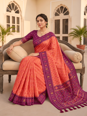 Peach patola silk saree with zari weaving meenakari patola design 3