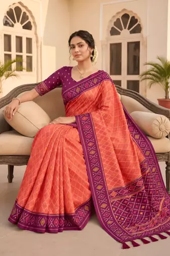 Peach patola silk saree with zari weaving meenakari patola design
