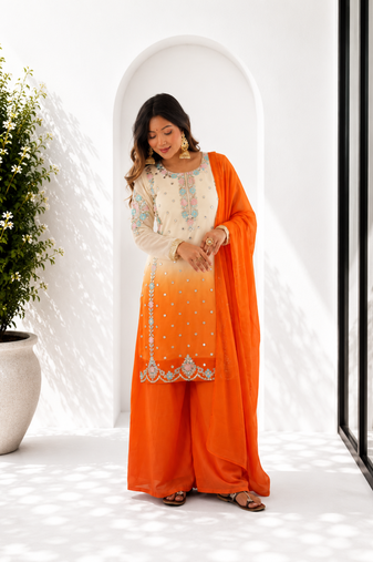 Heavy Embroidered White/Orange Kurta Palazzo and Dupatta Set