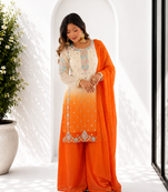Heavy Embroidered White/Orange Kurta Palazzo and Dupatta Set