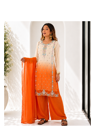 Heavy Embroidered White/Orange Kurta Palazzo and Dupatta Set 2