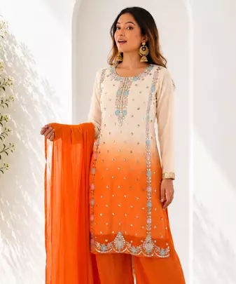 Heavy Embroidered White/Orange Kurta Palazzo and Dupatta Set