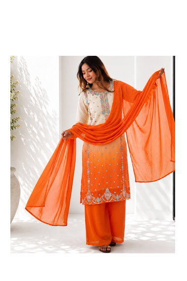 Heavy Embroidered White/Orange Kurta Palazzo and Dupatta Set 3