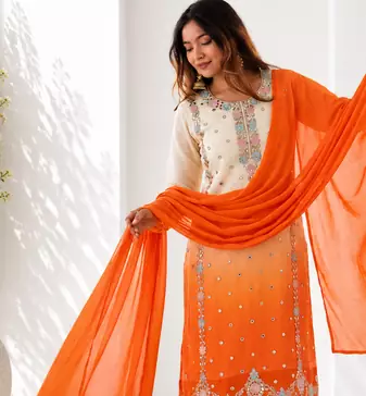 Heavy Embroidered White/Orange Kurta Palazzo and Dupatta Set