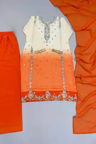Heavy Embroidered White/Orange Kurta Palazzo and Dupatta Set