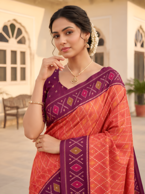 Peach patola silk saree with zari weaving meenakari patola design 5