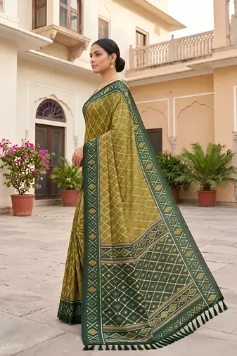Green patola silk saree with zari weaving meenakari patola design
