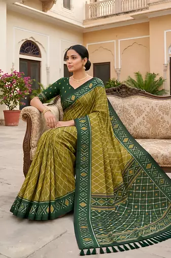 Green patola silk saree with zari weaving meenakari patola design