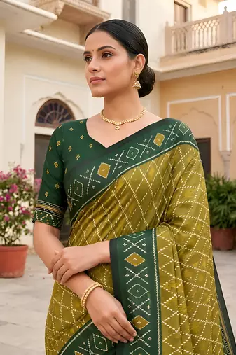 Green patola silk saree with zari weaving meenakari patola design