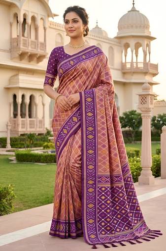 Onion pink patola silk saree with zari weaving meenakari patola design