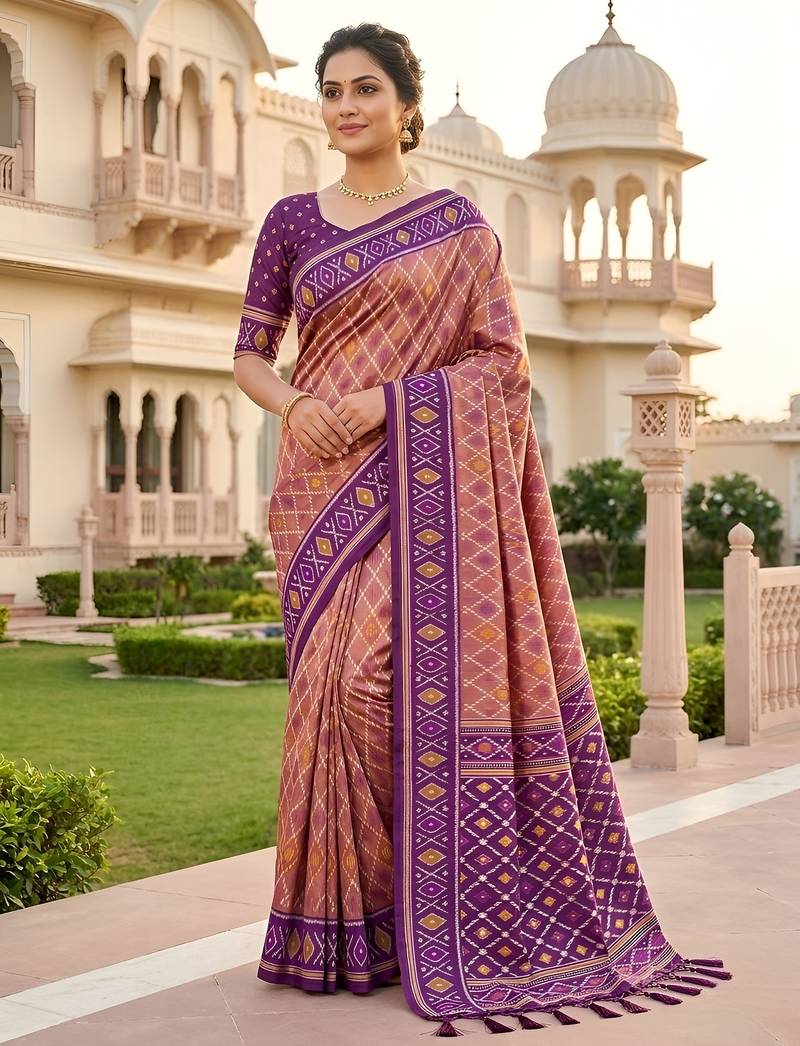 Onion pink patola silk saree with zari weaving meenakari patola design