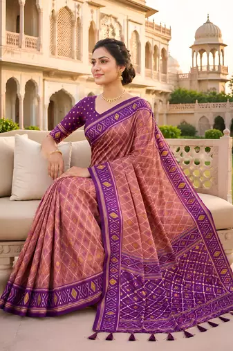 Onion pink patola silk saree with zari weaving meenakari patola design