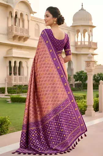 Onion pink patola silk saree with zari weaving meenakari patola design