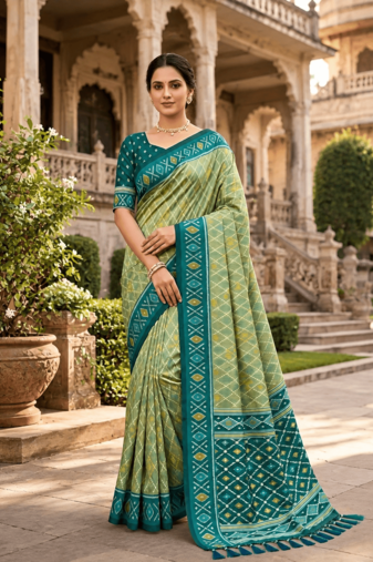 Green patola silk saree with zari weaving meenakari patola design