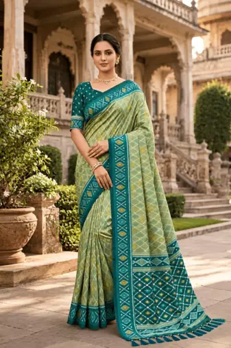 Green patola silk saree with zari weaving meenakari patola design