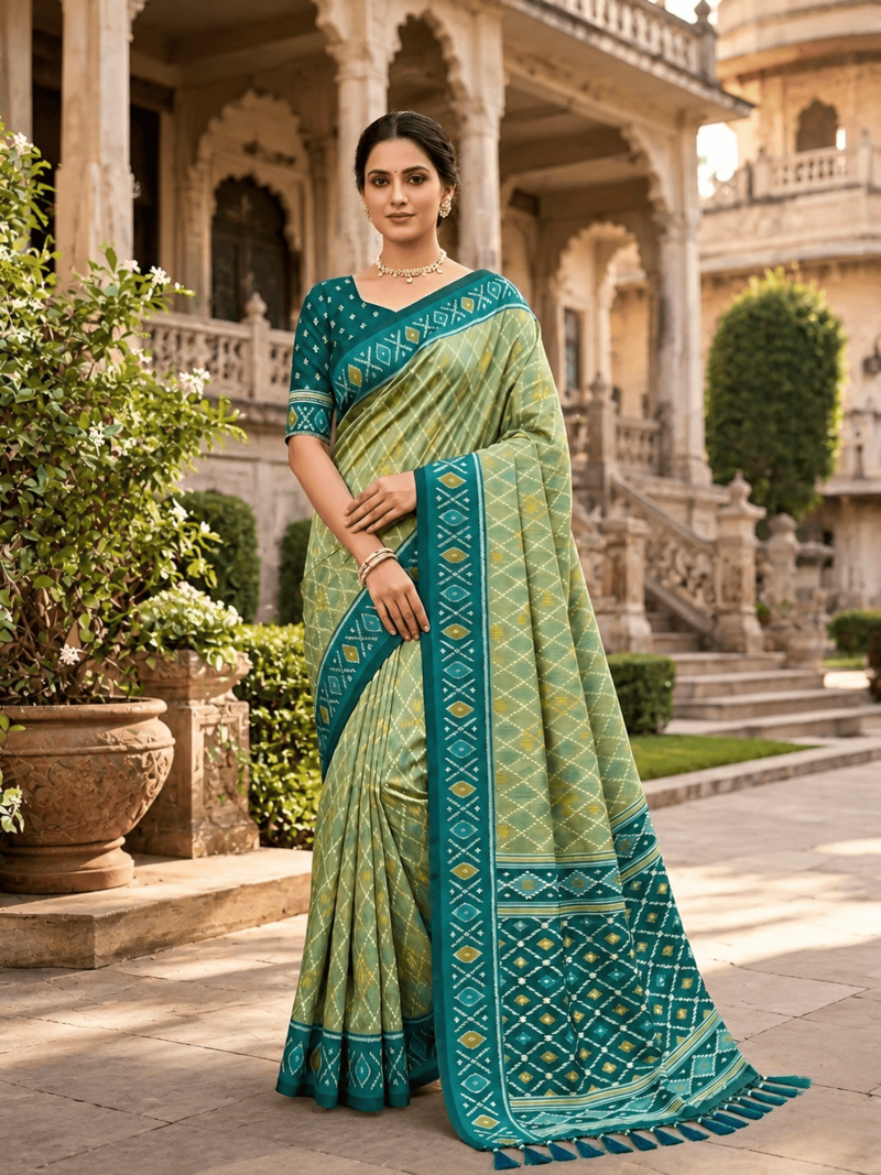 Green patola silk saree with zari weaving meenakari patola design