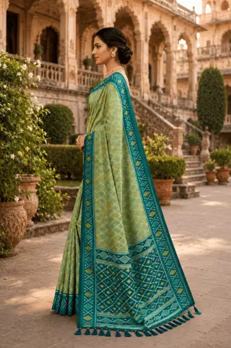 Green patola silk saree with zari weaving meenakari patola design