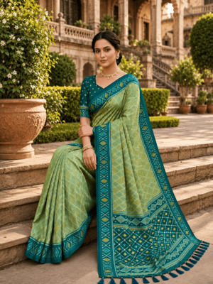 Green patola silk saree with zari weaving meenakari patola design 3