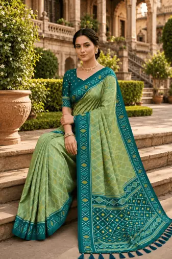 Green patola silk saree with zari weaving meenakari patola design