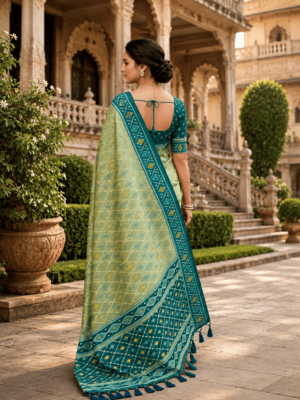 Green patola silk saree with zari weaving meenakari patola design 4