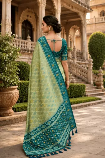 Green patola silk saree with zari weaving meenakari patola design