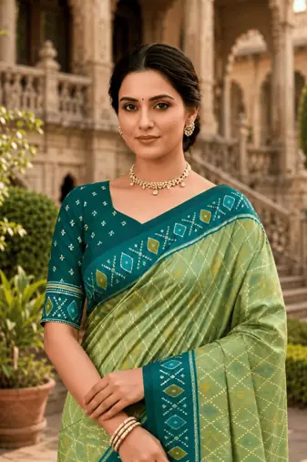 Green patola silk saree with zari weaving meenakari patola design