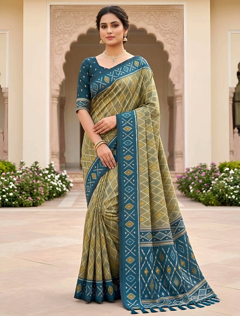 Green patola silk saree with zari weaving meenakari patola design