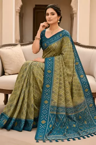 Green patola silk saree with zari weaving meenakari patola design