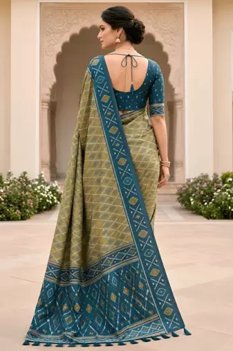 Green patola silk saree with zari weaving meenakari patola design