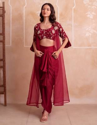 Maroon floral embroidered satin cape dhoti skirt set for women 5