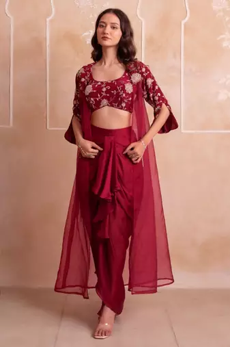 Maroon floral embroidered satin cape dhoti skirt set for women