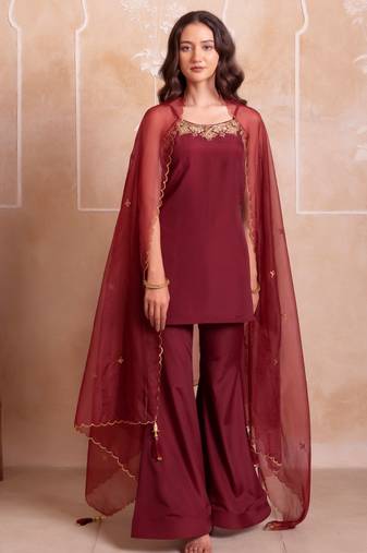 Maroon embellished crepe tunic palazzo set with organza dupatta for women