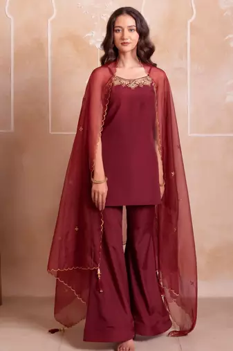 Maroon embellished crepe tunic palazzo set with organza dupatta for women