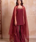 Maroon embellished crepe tunic palazzo set with organza dupatta for women