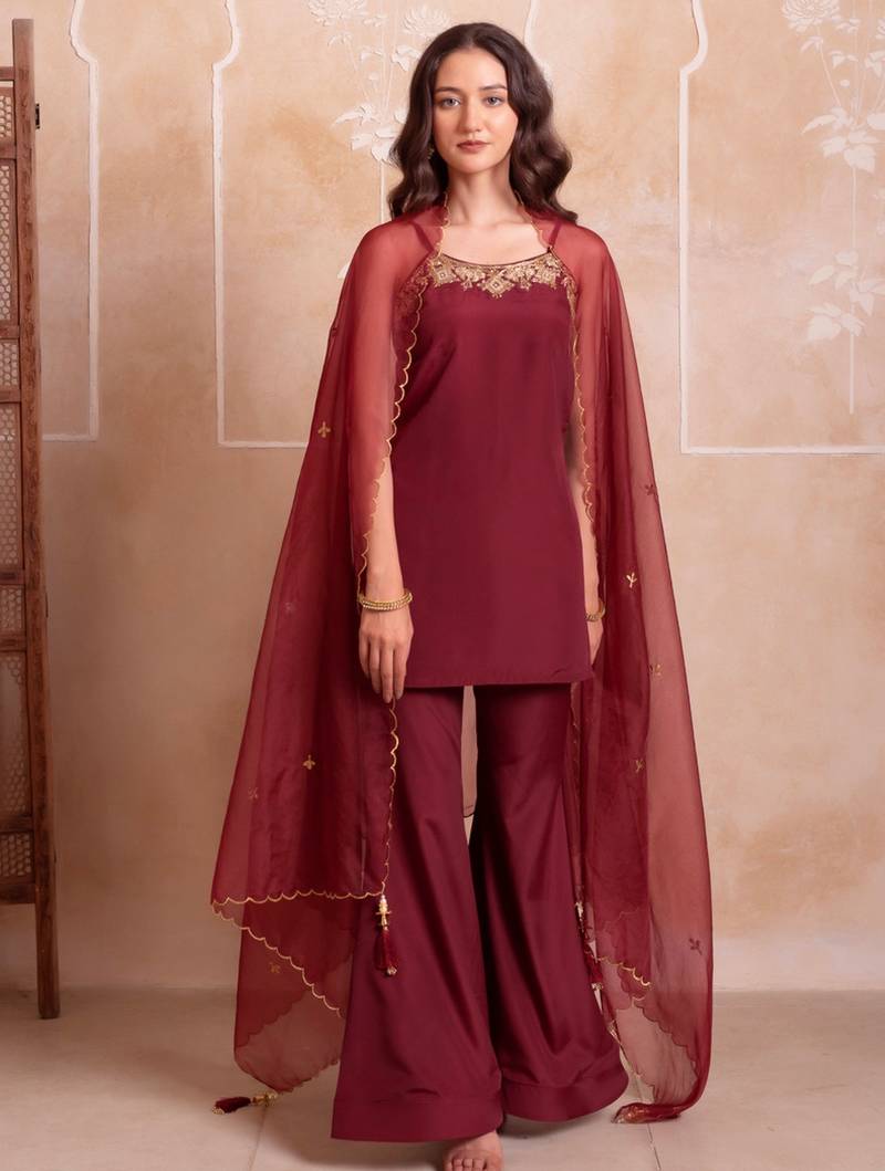 Maroon embellished crepe tunic palazzo set with organza dupatta for women