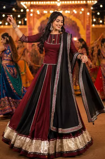 NAVRATRI SPECIAL Maroon Black Chinon Lehenga Choli with Mirror Lace Work