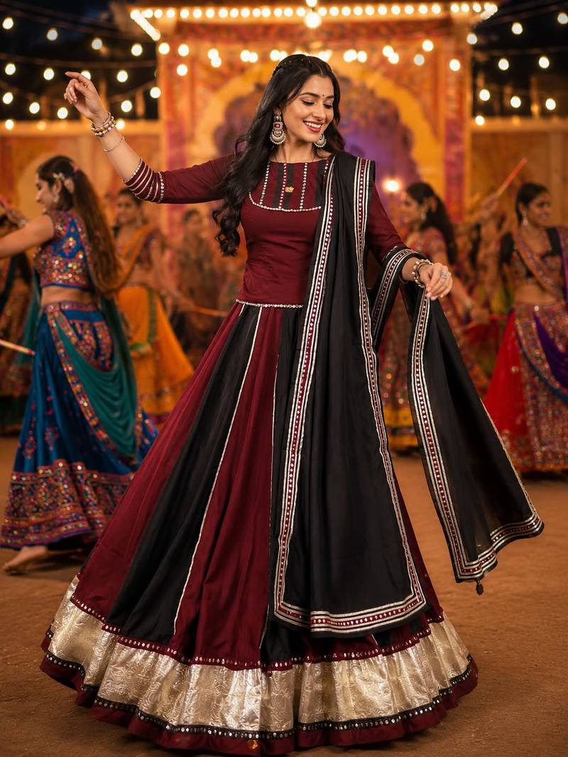 NAVRATRI SPECIAL Maroon Black Chinon Lehenga Choli with Mirror Lace Work