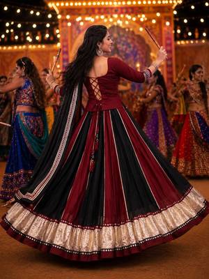 NAVRATRI SPECIAL Maroon Black Chinon Lehenga Choli with Mirror Lace Work 2