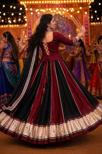 NAVRATRI SPECIAL Maroon Black Chinon Lehenga Choli with Mirror Lace Work