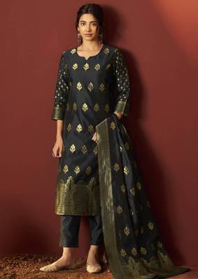 Black silk blend jacquard zari work kurta set with dupatta for women 1