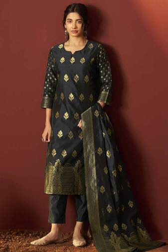 Black silk blend jacquard zari work kurta set with dupatta for women