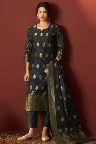 Black silk blend jacquard zari work kurta set with dupatta for women