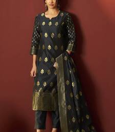 Black silk blend jacquard zari work kurta set with dupatta for women